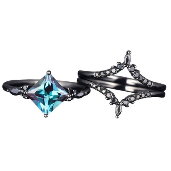 Princess Cut Alexandrite Engagement Wedding Ring Set with Moissanite in Rhodium - Picture 2 of 7